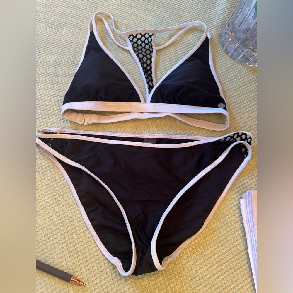 Zella 2 piece black/white mesh T back bikini. Size Small top Medium bottom. NWOT